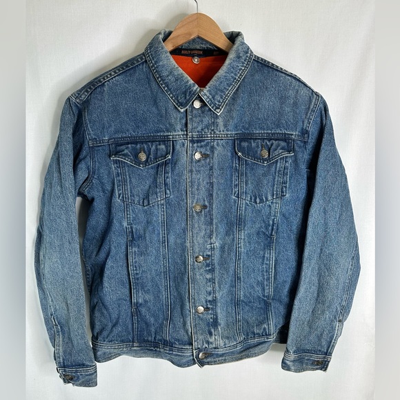 Vintage HARLEY DAVIDSON mens jean jacket Sz L V-Twin Power Fleece Liner N6 - Picture 2 of 7